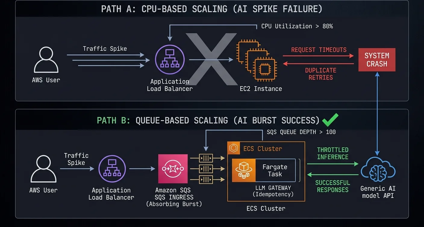 Two scaling paths compared. Path A (CPU-based, AI spike failure): user traffic flows through an Application Load Balancer to EC2 instances scaling on CPU utilization above 80%, producing request timeouts, duplicate retries, and a system crash. Path B (queue-based, AI burst success): traffic is buffered by Amazon SQS and consumed by an ECS Fargate task behind an idempotent LLM gateway that scales on queue depth above 100, absorbing the burst and returning successful responses