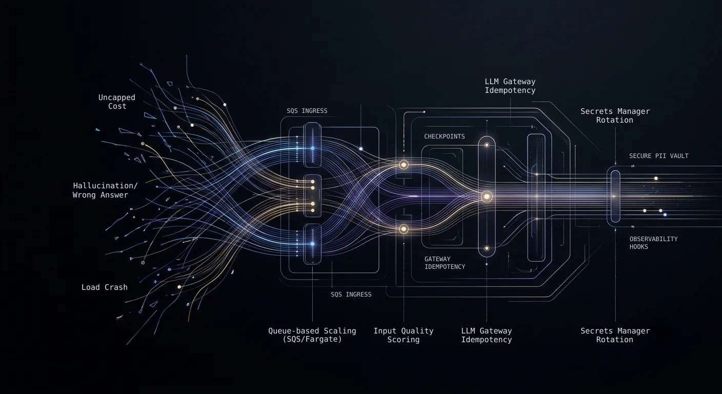 AI architecture, from chaos to control: volatile failure streams on the left - uncapped cost, hallucination and wrong answers, load crash - regulated by bounded architectural gates on the right: queue-based scaling (SQS/Fargate), input quality scoring, LLM gateway idempotency, and Secrets Manager rotation