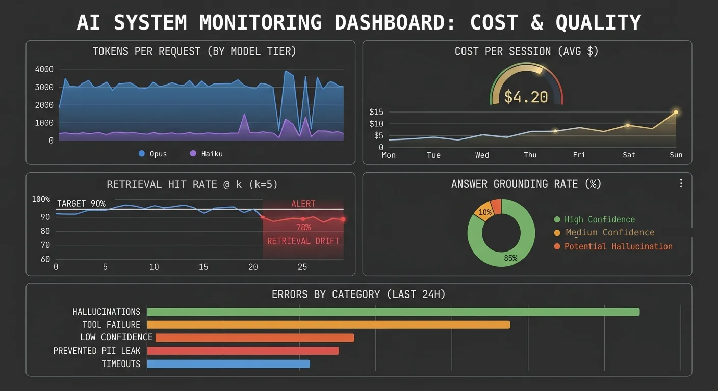 AI observability dashboard with five widgets: tokens per request by model tier (Opus versus Haiku), cost per session averaging $4.20, retrieval hit rate at k=5 with a retrieval-drift alert breaching the 90% target, answer grounding rate (85% high confidence, 10% medium, 5% potential hallucination), and errors by category (hallucinations, tool failure, low confidence, prevented PII leak, timeouts)